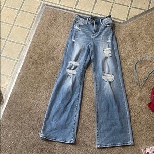 Blue Flare Wide Leg Distressed Jeans